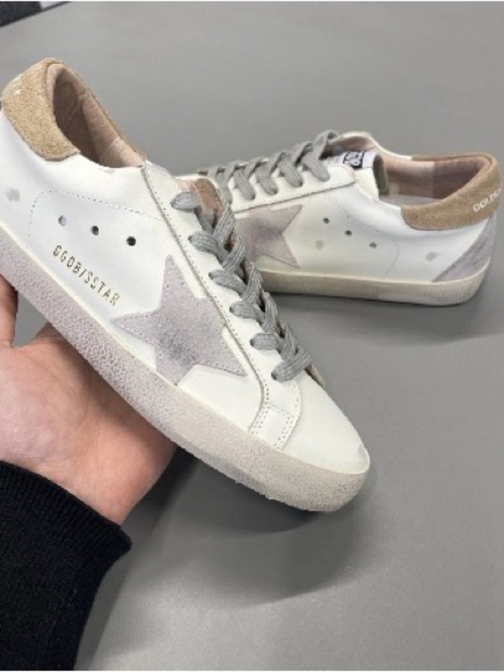 Golden Goose White Leather Sneakers with Gray Star and Tan Heel